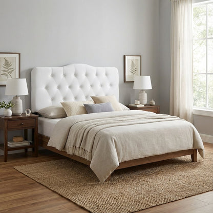 White Velvet Tufted Headboard with Diamond Pattern and Durable Upholstery