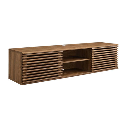 Brown wood wall-mounted media console with sleek design and sturdy construction