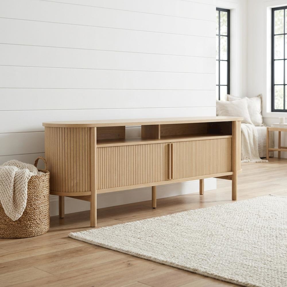 Wooden TV stand with brown finish and curved design for living room decor