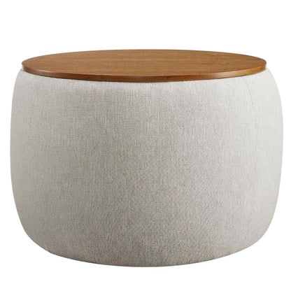 Woven Heathered Fabric Upholstered Storage Ottoman, Neutral Tone for Living Room