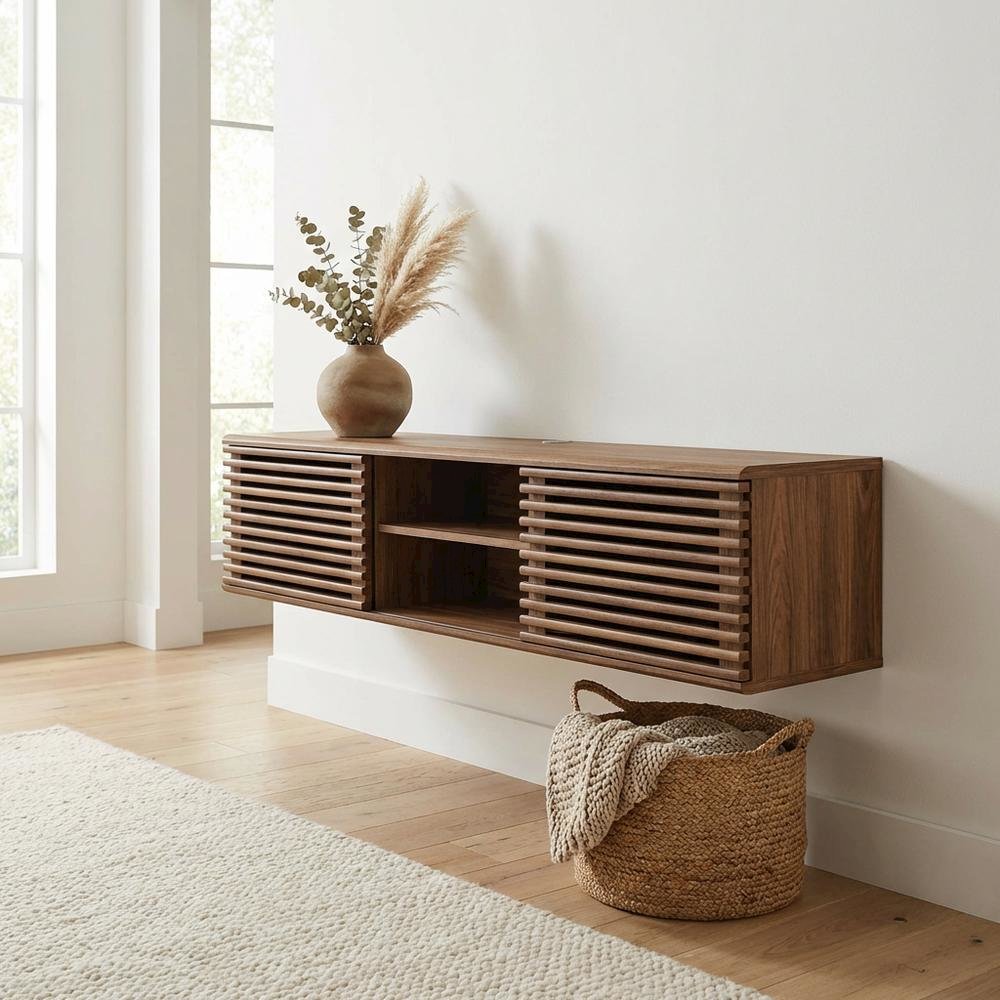 Brown wood wall-mounted media console with sleek design and sturdy construction