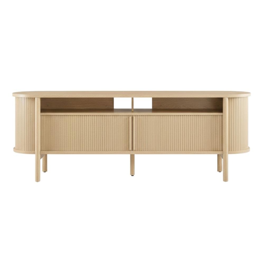 Wooden TV stand with brown finish and curved design for living room decor