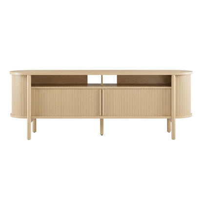 Wooden TV stand with brown finish and curved design for living room decor