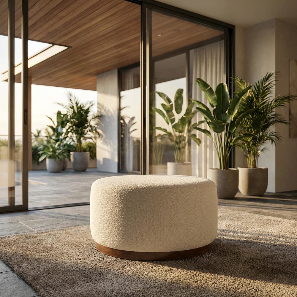 Dark beige boucle upholstered outdoor ottoman, versatile design, compact size