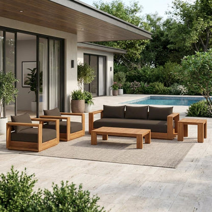 Outdoor patio furniture set, wood, warm finish for backyard relaxation
