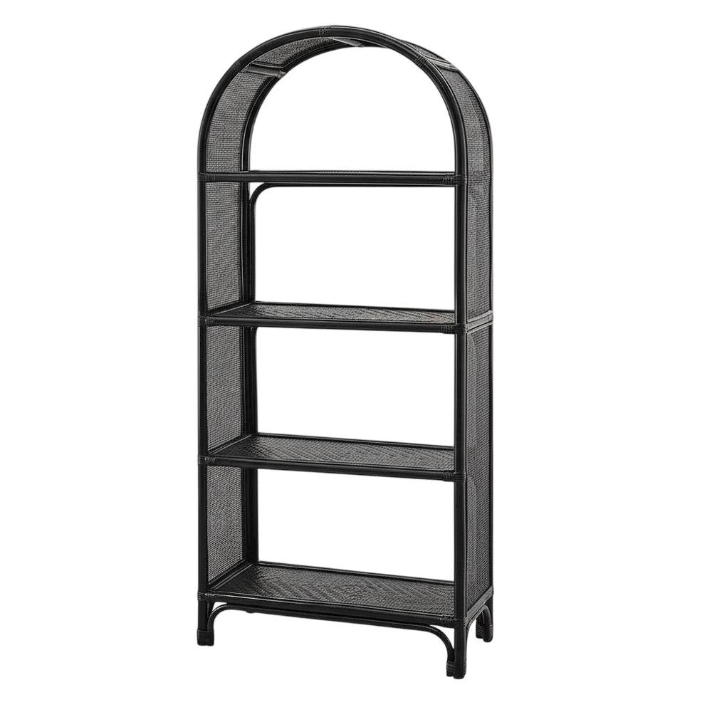 Black Arched Rattan Bookshelf with Slim Shelves and Natural Finish