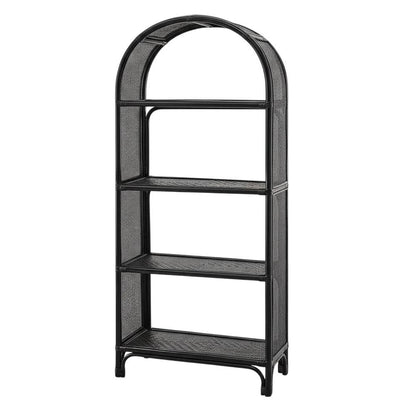 Black Arched Rattan Bookshelf with Slim Shelves and Natural Finish