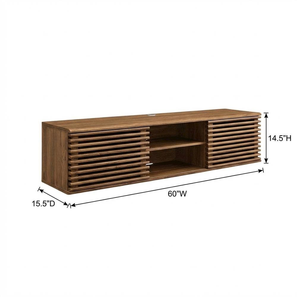 Brown wood wall-mounted media console with sleek design and sturdy construction