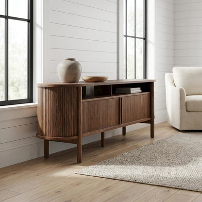 Curved TV Stand in Brown, Rubberwood Solids, Walnut Veneers, Stylish Storage