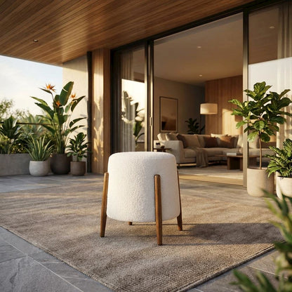 Outdoor ottoman with upholstered boucle fabric, stylish seat, square design