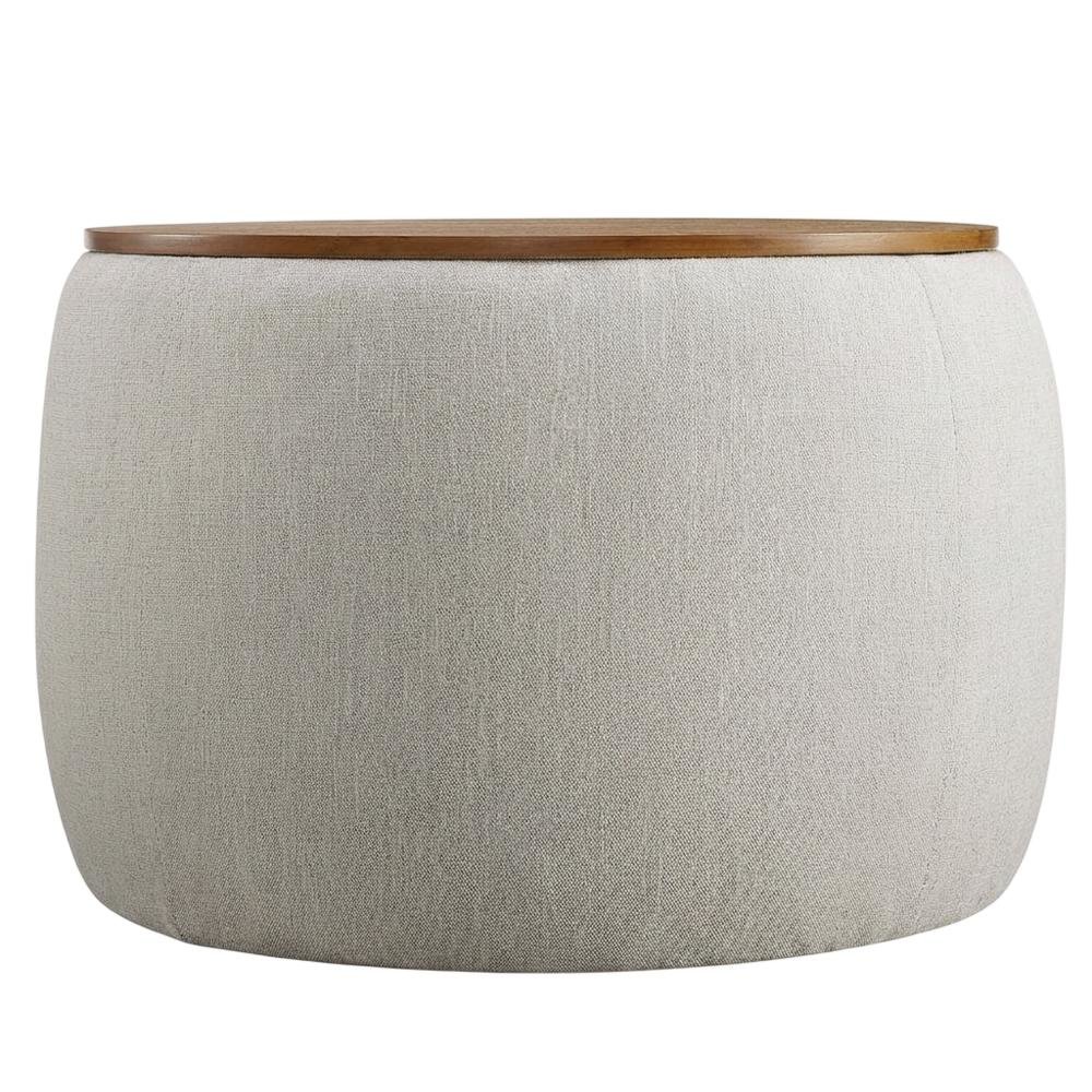 Woven Heathered Fabric Upholstered Storage Ottoman, Neutral Tone for Living Room