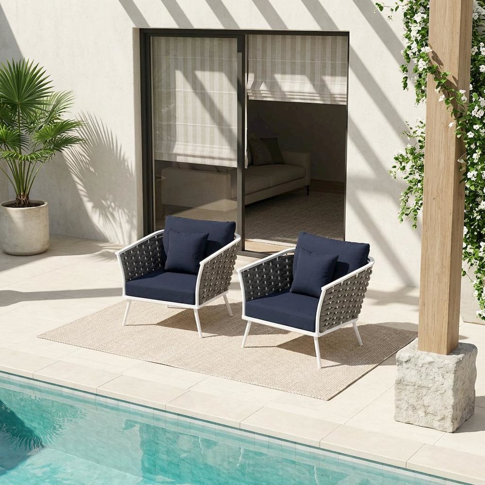 Outdoor Patio Aluminum Armchair Set Of 2 With Cushioned Seats For Garden, Deck