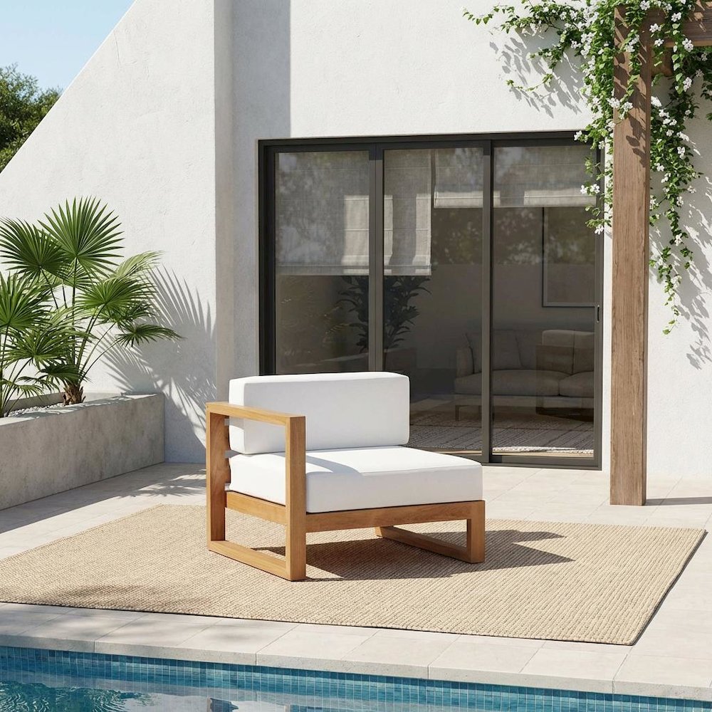Outdoor Patio Teak Wood Left-Arm Lounge Chair With Cushioned Seat, Durable Frame