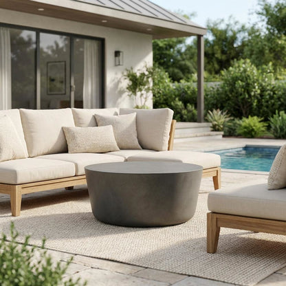 Round Concrete Outdoor Coffee Table, Weather-Resistant Design, Spacious Surface