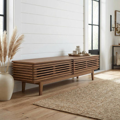 Brown wood TV stand with modern design and sturdy construction