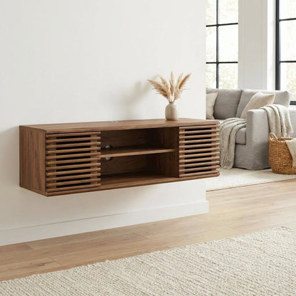 Wooden brown wall-mount TV console with sleek design and sturdy build