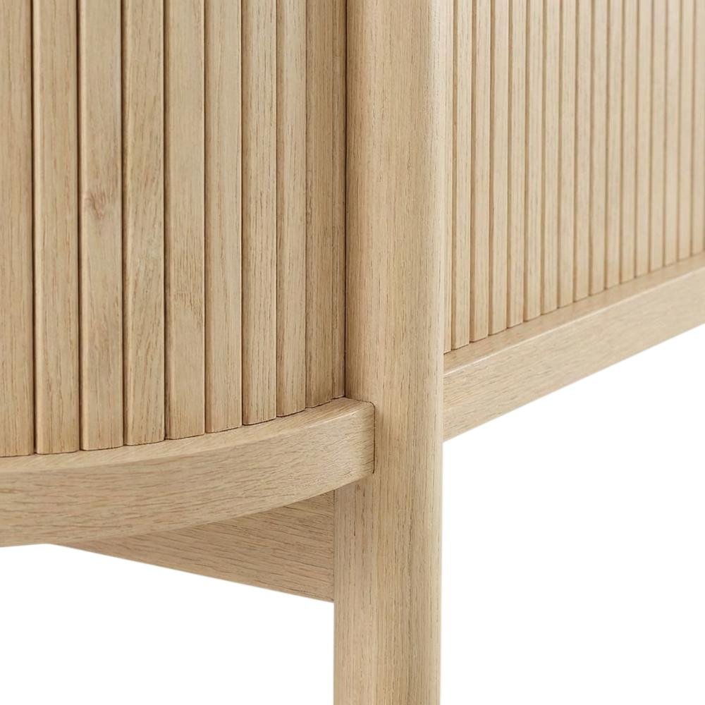 Wooden TV stand with brown finish and curved design for living room decor