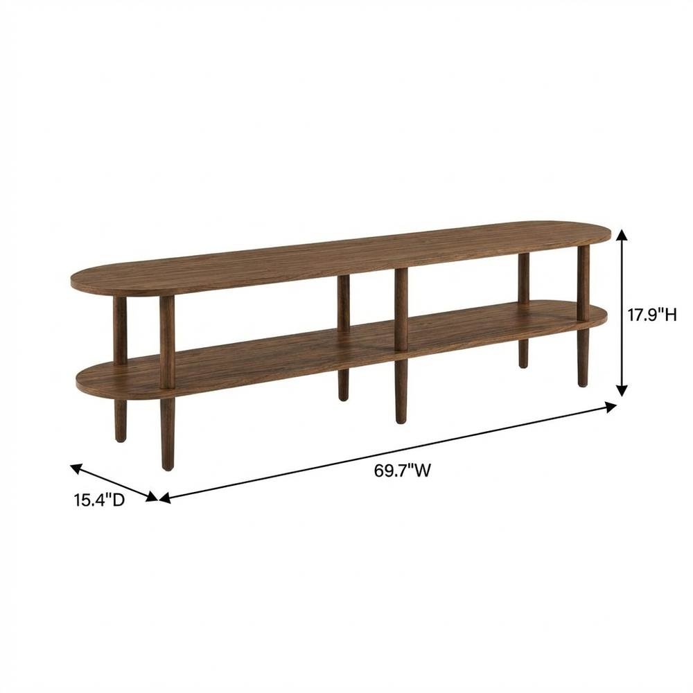 Brown wood TV stand with oval design, solid mango construction for durability
