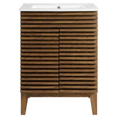 Walnut White 24-Inch Floor-Mount Bathroom Vanity with Ceramic Sink