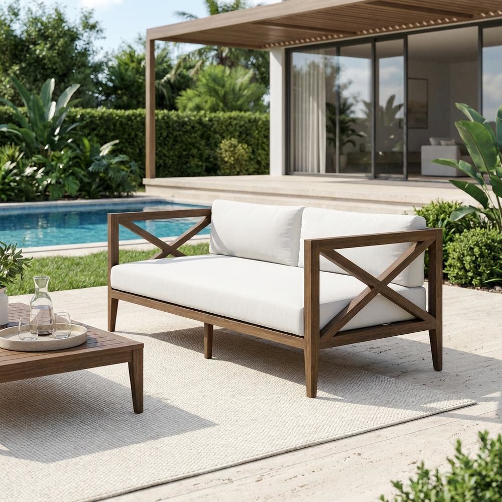 Teak Outdoor Loveseat for Patio with Armrests and Cushioned Seat