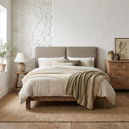 Boucle Fabric Queen Headboard in Soft Neutral with Padded Upholstery