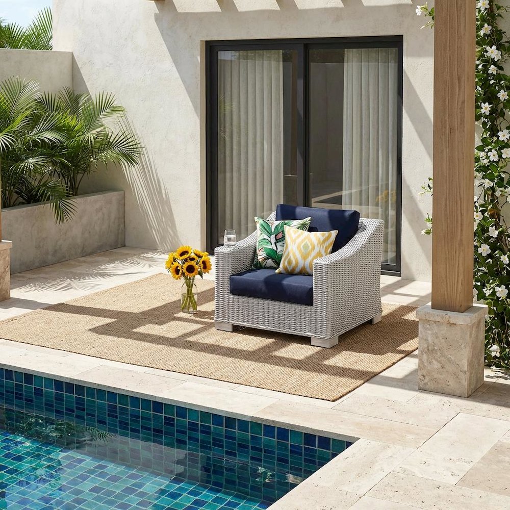 Outdoor Patio Wicker Rattan Armchair With Cushioned Seat And Armrests