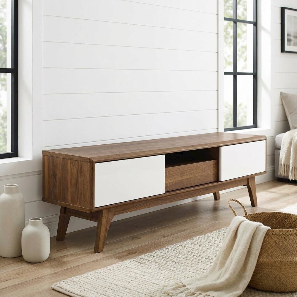 Wooden brown TV stand with 59-inch width and sleek design for modern living