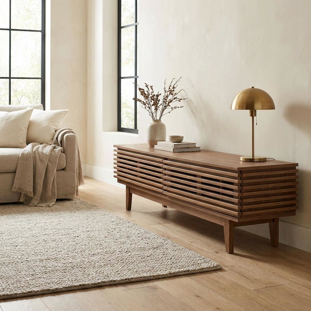 Brown wood TV stand with modern design and sturdy construction