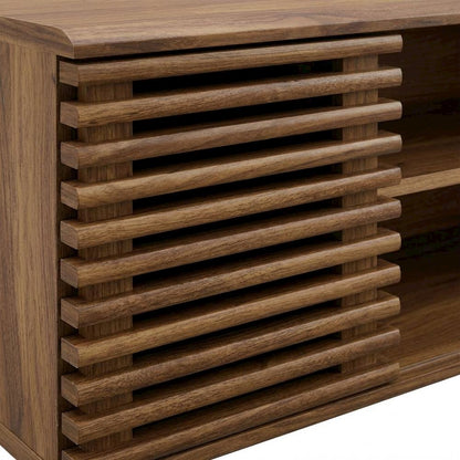Wooden brown wall-mount TV console with sleek design and sturdy build