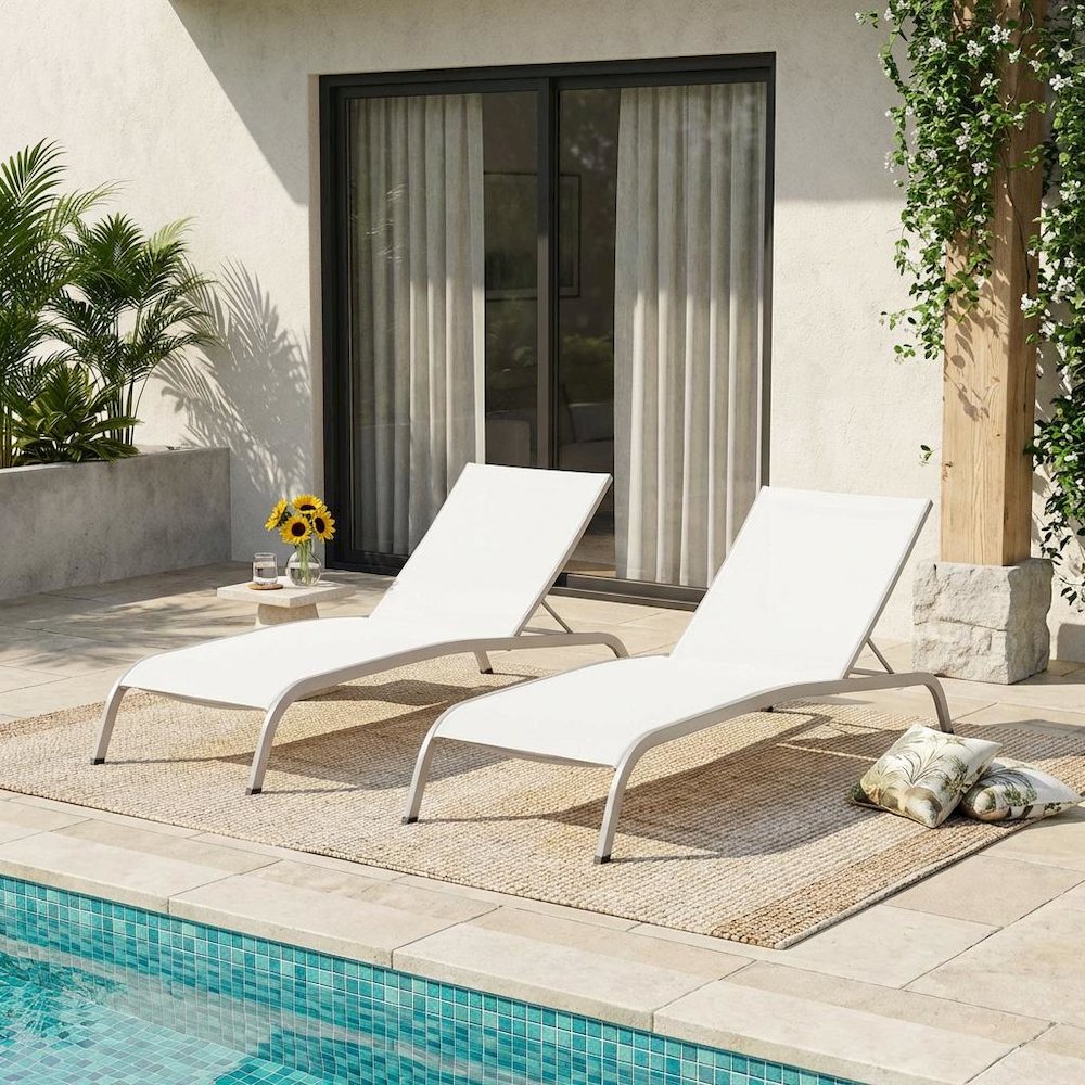 Outdoor Patio Chaise Lounge Set Of 2 With Cushioned Deck Chairs