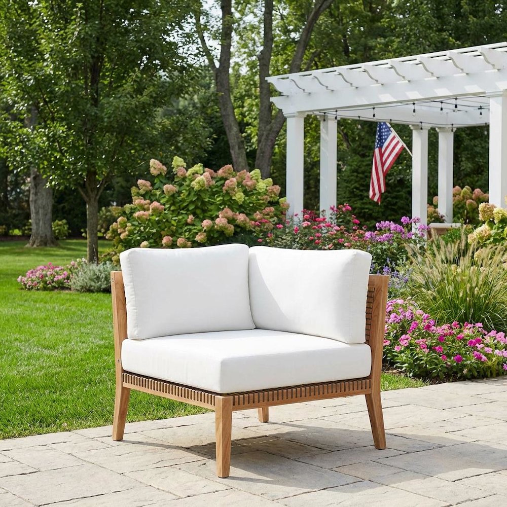 Outdoor Patio Teak Wood Corner Lounge Chair With Cushioned Seat