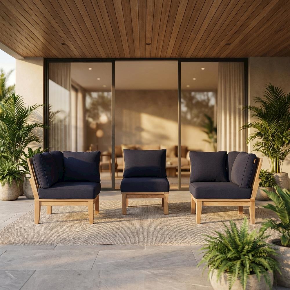Outdoor Patio Teak Set With Cushioned Seating, Sturdy Wood Construction