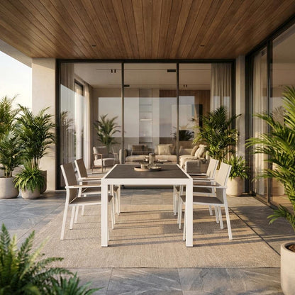 Square outdoor dining table with aluminum construction, weather-resistant design