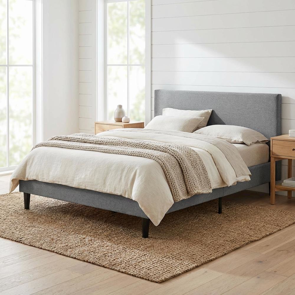 Fabric Queen Bed with Platform Design and Plush Upholstery