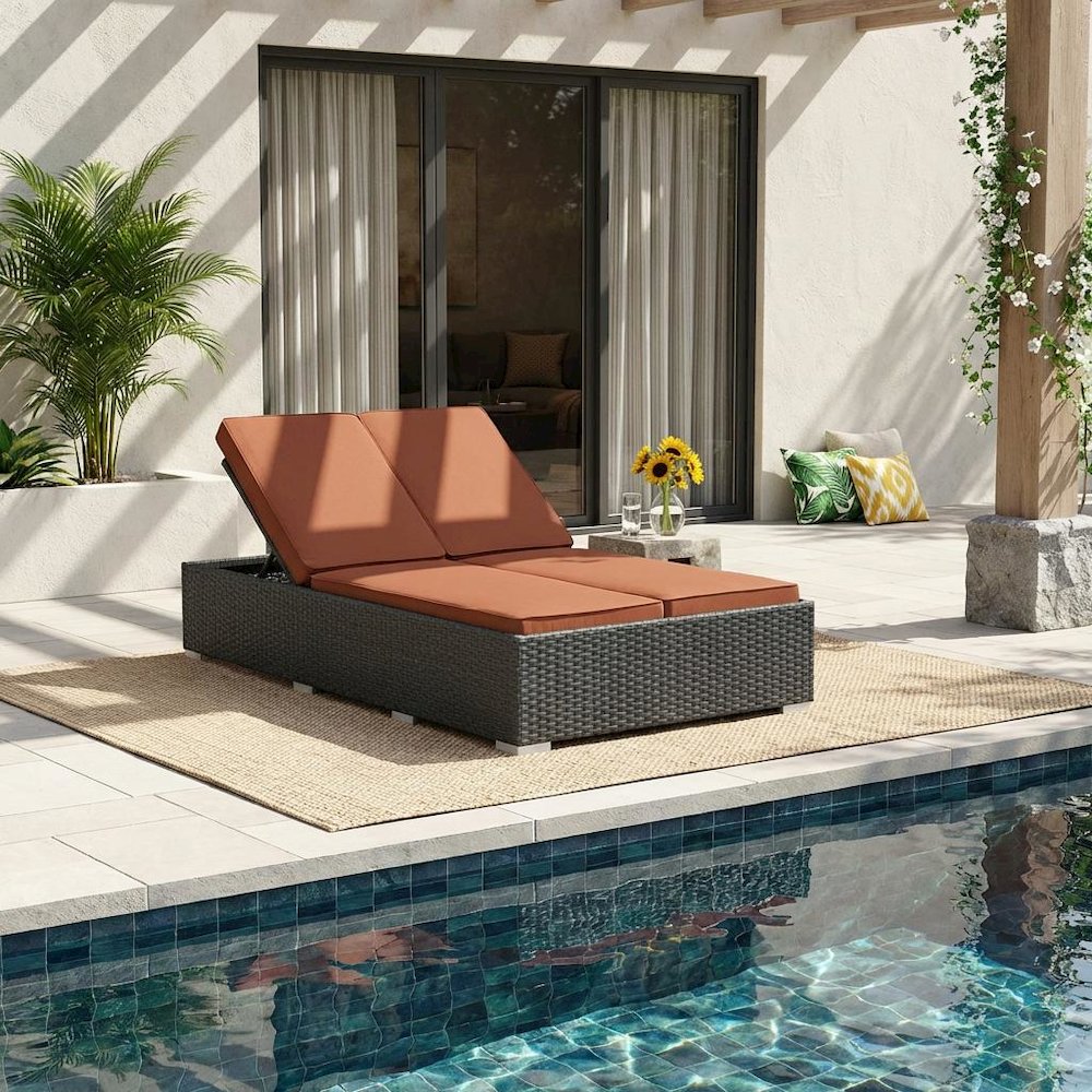 Outdoor Patio Double Chaise With Cushioned Backrest And Durable Frame
