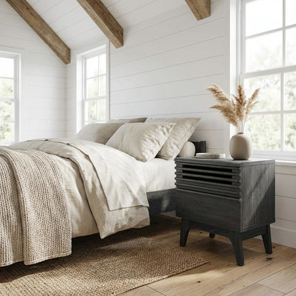 Nightstand in Gray Finish, Minimalist Design, Sturdy Base,, Versatile Storage