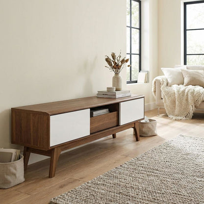 Wooden brown TV stand with 59-inch width and sleek design for modern living