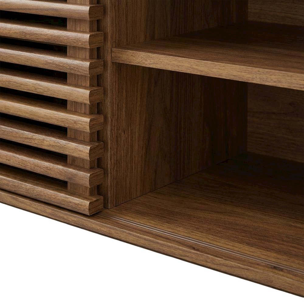 Wooden brown wall-mount TV console with sleek design and sturdy build