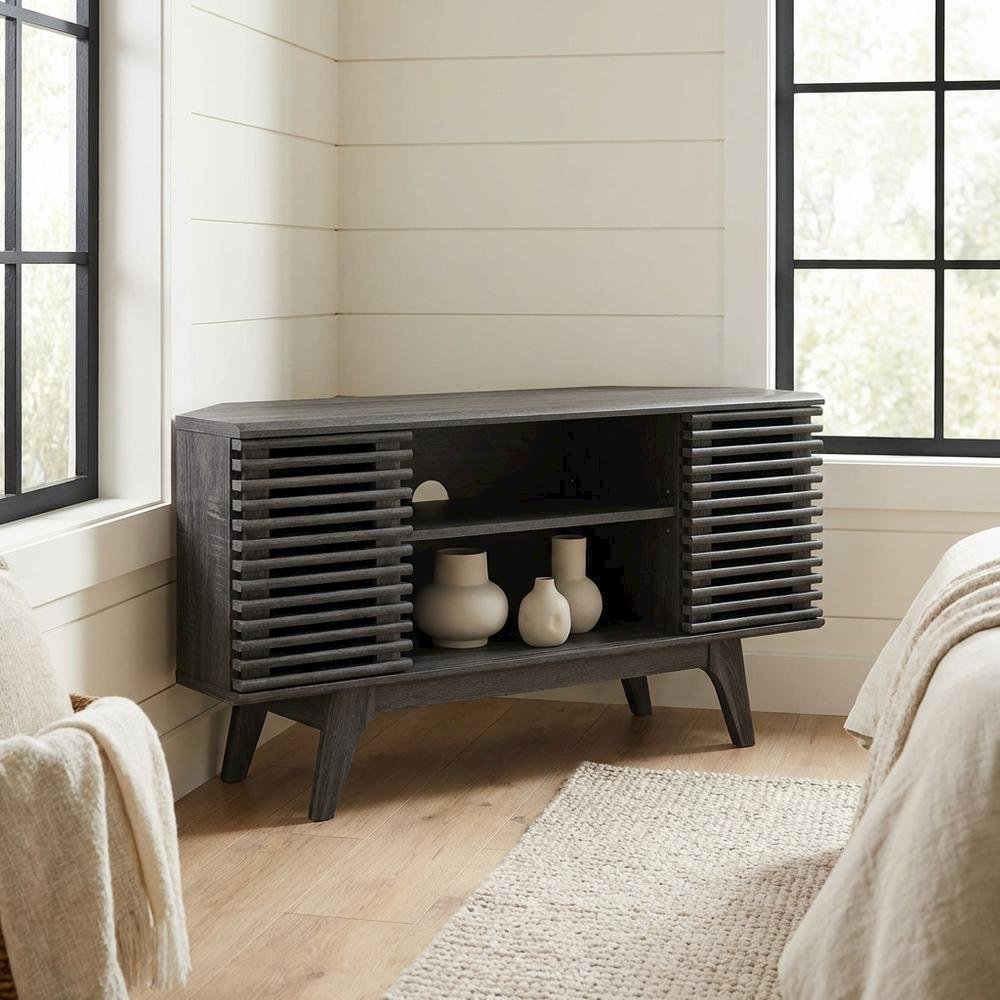 Gray wood corner TV stand with sleek design and sturdy construction