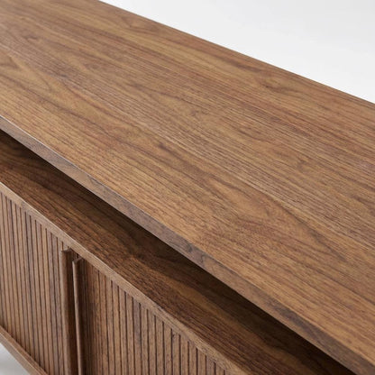 Curved TV Stand in Brown, Rubberwood Solids, Walnut Veneers, Stylish Storage