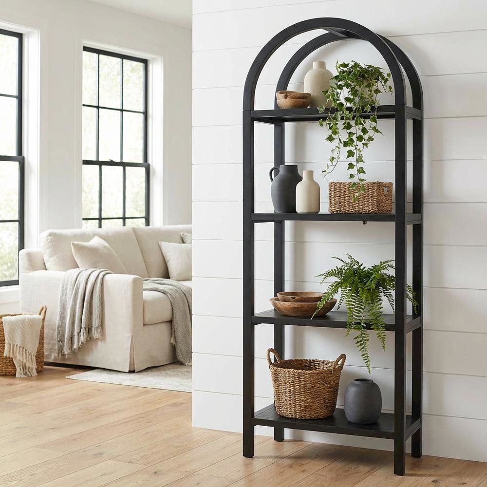 Black Narrow Arched Bookshelf, Elevated Shelves, Engineered Wood Construction