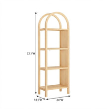 Brown engineered wood arched bookshelf with storage shelves and narrow design