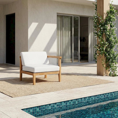 Outdoor Patio Teak Wood Right-Arm Lounge Chair With Comfortable Armrest