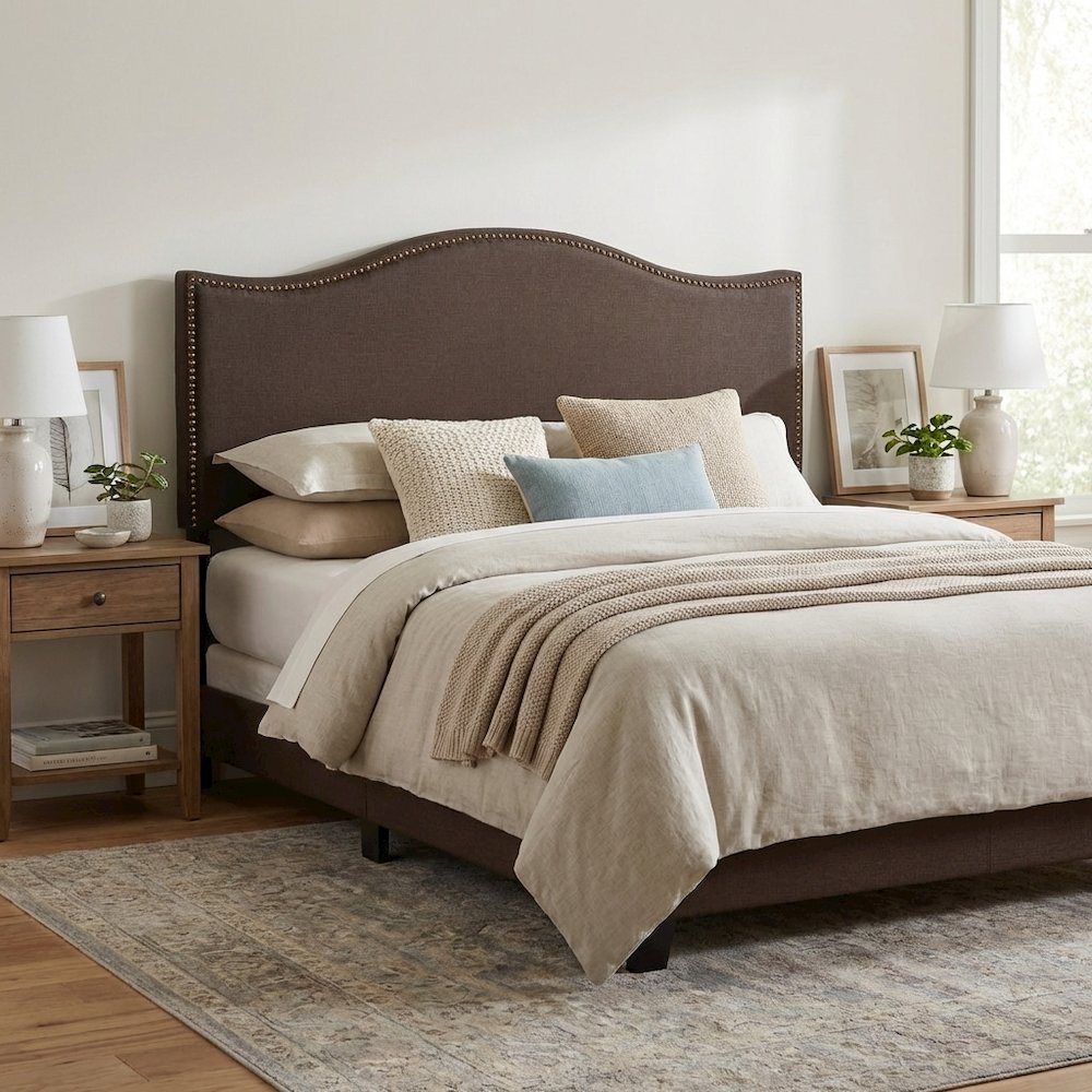 Upholstered Queen Headboard with Nailhead Trim and Curved Design