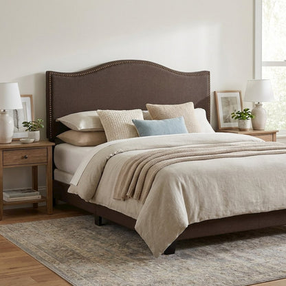 Upholstered Queen Headboard with Nailhead Trim and Curved Design