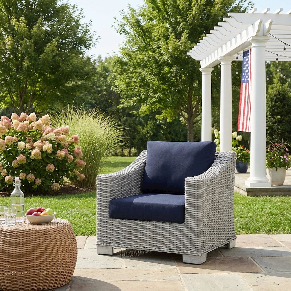 Outdoor Patio Wicker Rattan Armchair With Cushioned Seat And Armrests