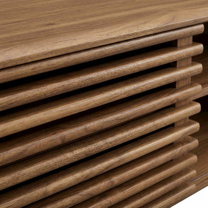 Brown wood wall-mounted media console with sleek design and sturdy construction