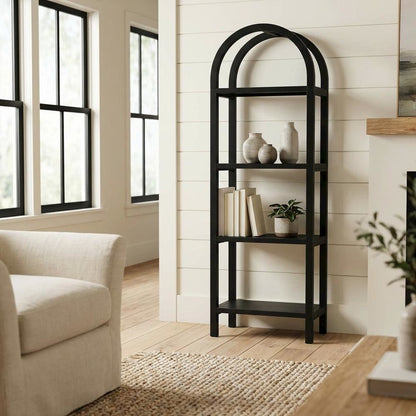 Black Narrow Arched Bookshelf, Elevated Shelves, Engineered Wood Construction