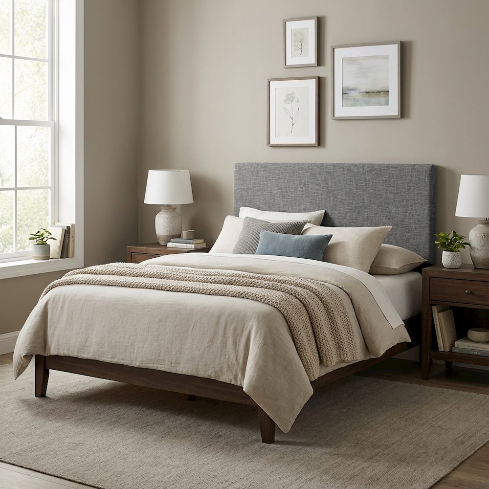 Upholstered Linen Fabric Full Queen Headboard with Padded Design