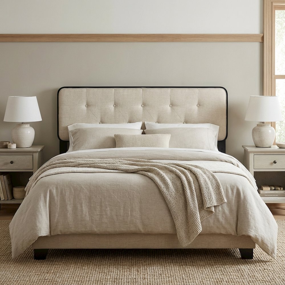 Tufted Fabric Queen Headboard with Wood Frame and Classic Design
